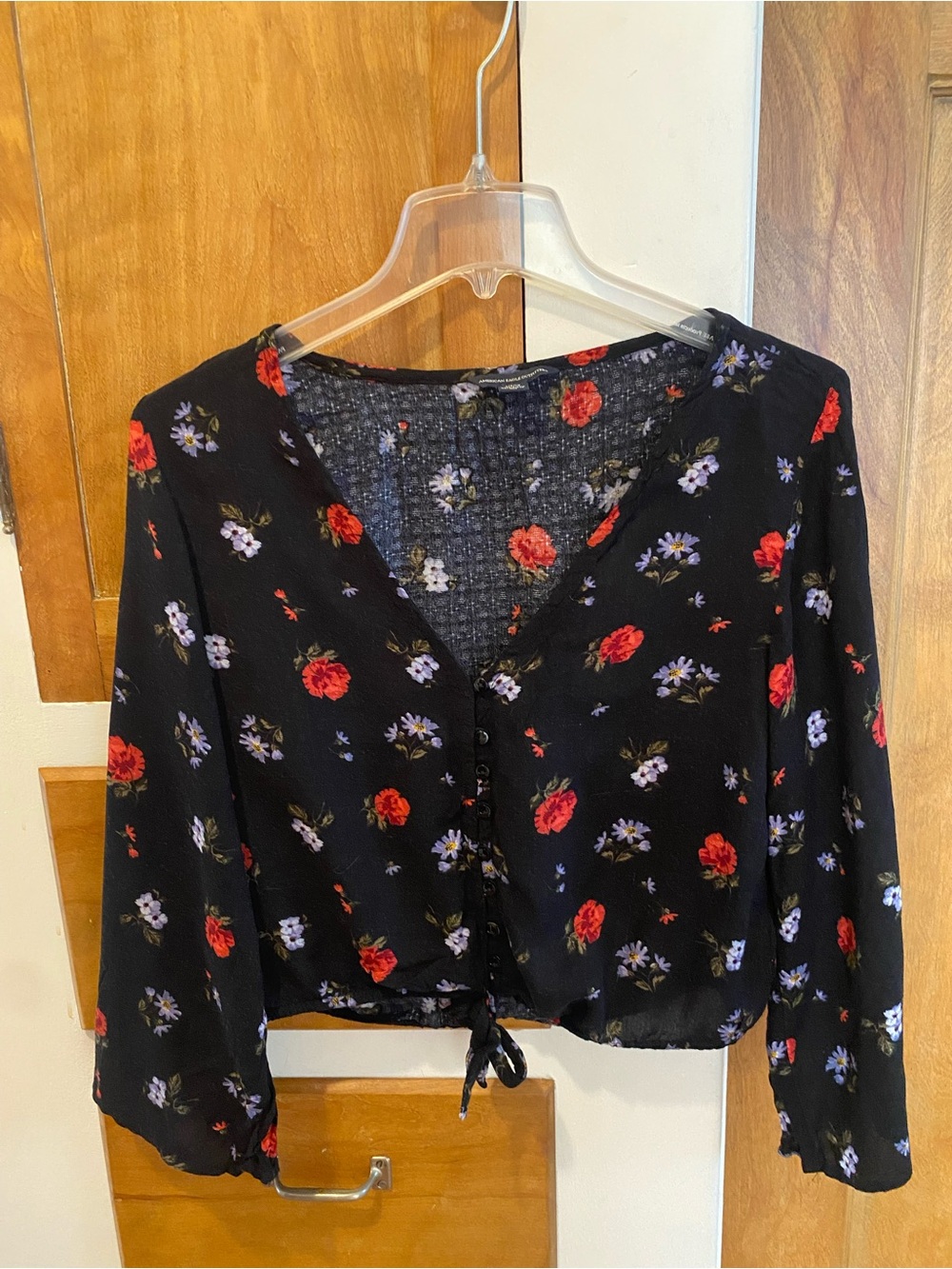 American Eagle Black Floral Button,Tie-Front Blouse with Red & Lavender Flowers